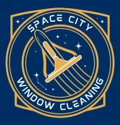 Space City Window Cleaning logo featuring a squeegee inside a circular space-themed badge with stars on a navy and gold background