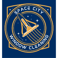 Space City Window Cleaning logo featuring a squeegee inside a circular space-themed badge with stars on a navy and gold background.